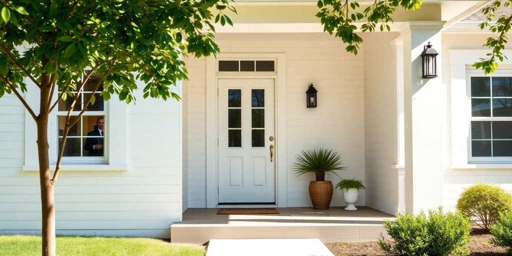 White front porch with glass panel door, potted plants, and greenery
