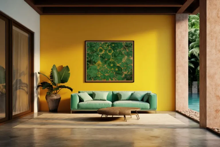 Modern living space with green sofa, yellow accent wall, and indoor outdoor flow