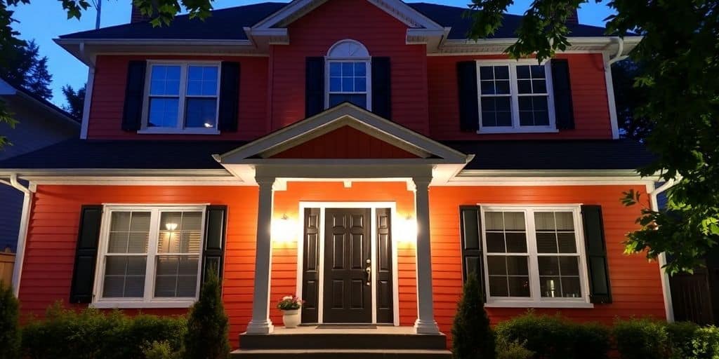 Red two story house exterior with black shutters and illuminated entry
