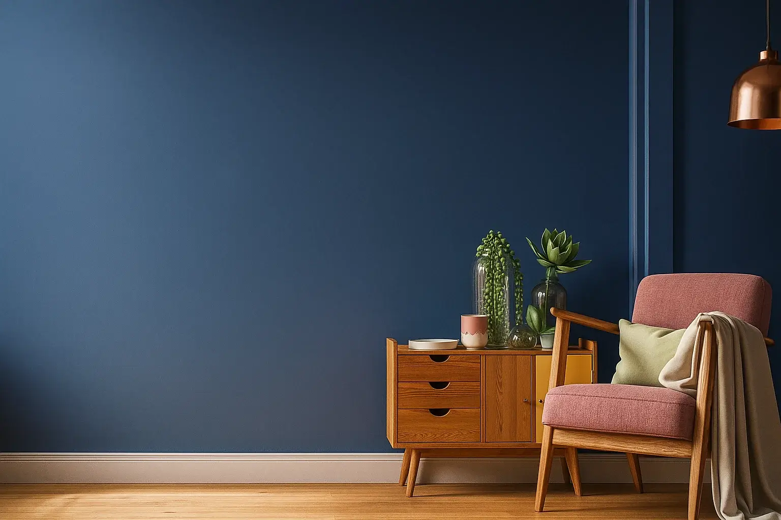 Minimalist interior corner with blue wall, wooden chair, and side table