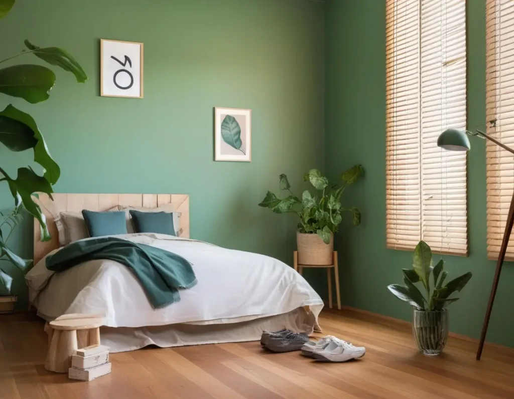 Green bedroom interior with plants, wooden bed, and soft natural lighting